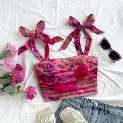 Tie-Dye Strap Tie Front Crop Cami Top Colorblock Boho Style No Chest Padding by Soleia