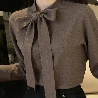 Solid Color Casual Bowknot Knot Decor Sweater by DAZY