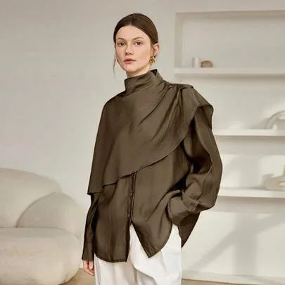 Loose Chiffon Blouse, Long Sleeve, Shawl Collar by DAZY