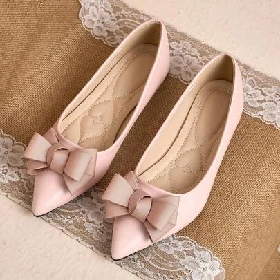 Pointed Toe Low Vamp Bow Flat Shoes, Delicate Satin Texture by SHEIN