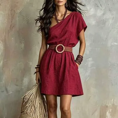 Asymmetric Neck Waist-Cinching Short Casual Beach Dress by SHEIN
