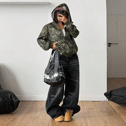 Forest Camo Zip Up Oversized Long Sleeve Sweatshirt, Thermal Lined Vintage Graphics by Coolane