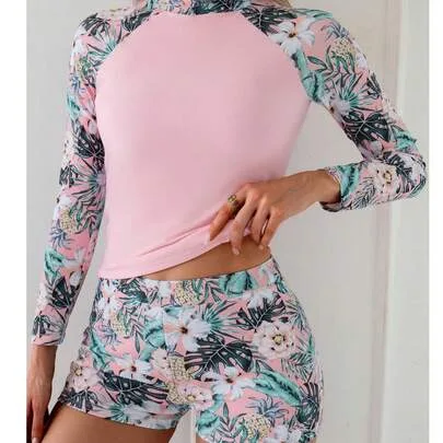 Tropical Floral Print Swimwear, High Stretch Fitted 2 Pieces Long Sleeve Tankini Set by SHEIN