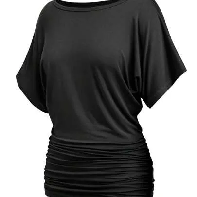 Solid Short Sleeve Boat Neck Dolman Top with Side Shirring by OUTBALL