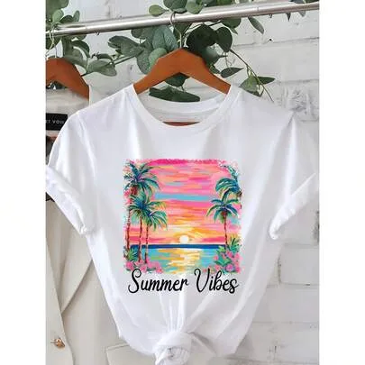 Short Sleeve Round Neck T-Shirt, Sunset Tropical Beach Palm Tree Pattern, "Summer Vibes" Text Print