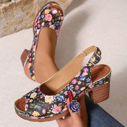 Thick Heel Flower Print Sandal, Peep Toe High Heel Strap Sandal by SHEIN