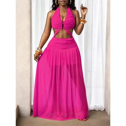 70s Retro V-Neck Metal Decor Backless Flared Party Dress, Long Skirt by SHEIN