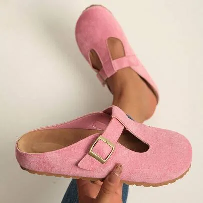 Retro Adjustable T-Strap Faux Suede Flat Sandals, Round Toe Buckle Mules by SHEIN