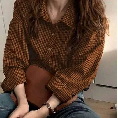 Classic Plaid Shirt Collared Long Dropped Shoulder Sleeve Button Detail Regular Fit by SHEIN