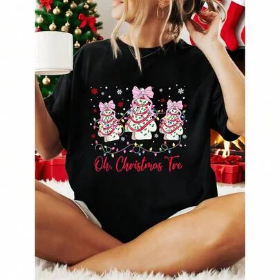 100% Cotton Oh Christmas Tree Cakes Debbie Becky Jen Snack Cake Lovers T-Shirt by SHEIN