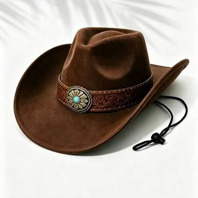 Vintage Faux Suede Western Cowboy Hat with Carved Leather Trim Turquoise Floral Decoration Wide Brim Adjustable Chin Strap by SHEIN