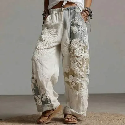 3D Floral Print Pattern Elegant Straight-Leg Trousers by SHEIN