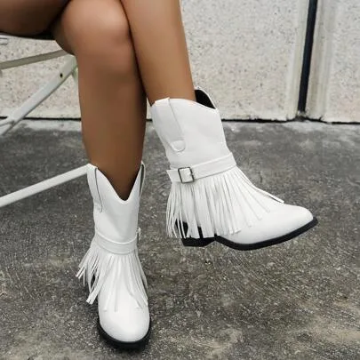 Buckle Decor Fringe Pointed Toe Chunky Heel Western Boots Leather Ankle Boots by SHEIN