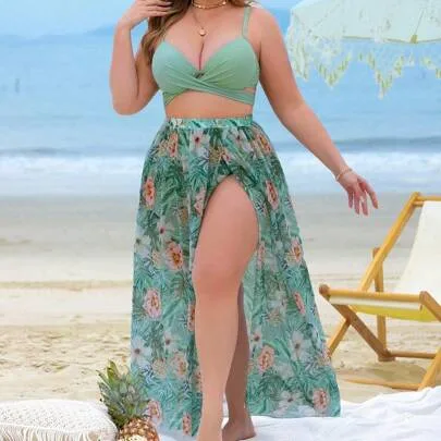 3pcs Holiday Beach Print Padded Push Up Bikini Set with Skirt by Swim Vcay