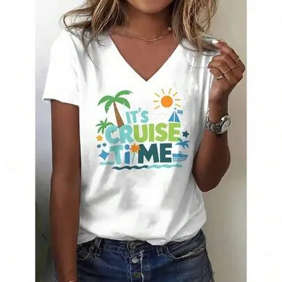 Cruise Time Pattern V-Neck T-Shirt by SHEIN