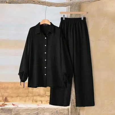 Casual Commuter Solid Color Shirt and Pants 2 Pieces Set by Rusticease