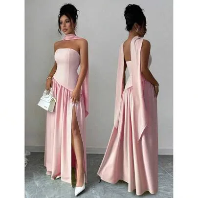Elegant Solid Color Asymmetrical Patchwork High Slit A-Line Halter Maxi Dress with Hanging Sash by SHEIN