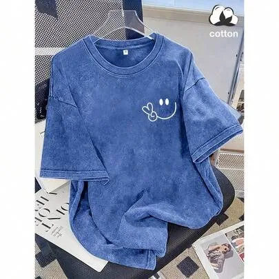 Vintage Washed Cotton Loose-Fit T-Shirt, Cute Face and Heart Print, Casual Street Style Short-Sleeve Top, Wrinkle-Resistant Washed Cotton by SHEIN