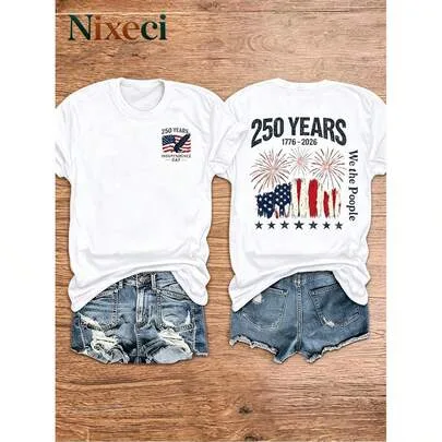 2026 American Independence 250th Anniversary Commemorative T-Shirt, Vintage American Flag and Fireworks Print, "We the People" Letter by SHEIN