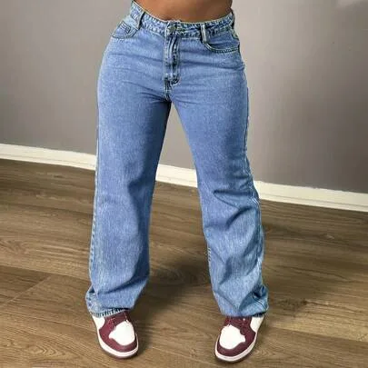 Straight Leg Denim Pants - Elegant Wide Leg Floor-Length Jeans with Button & Zipper, Relaxed Fit by Chicsale