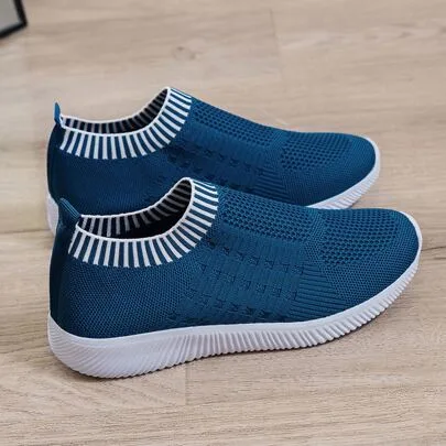 Sporty Style Knitted Sneakers with Striped Pattern by SHEIN