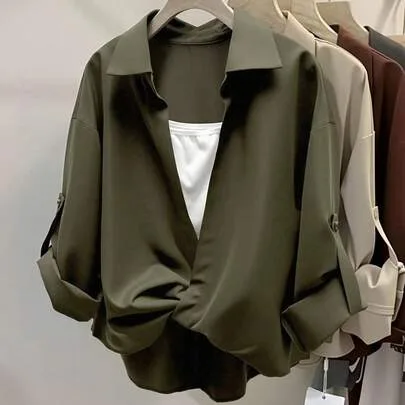 Casual Layered Design Cuffed Sleeve Collared Shirt by INAWLY