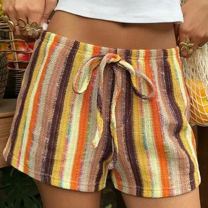 Striped Crochet-Look Loose Low-Waist Shorts by Aloruh