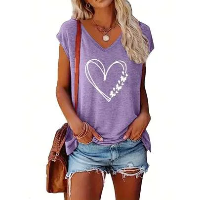 V-Neck Short Sleeve Casual Loose Top Base T-Shirt by SHEIN
