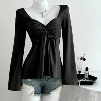 Casual Twist Front V-Neck Long Sleeve T-Shirt by Elamini