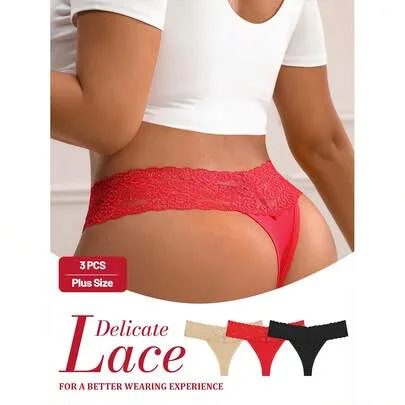 3pcs Low-Waist Solid Color Floral Lace Sexy Thong Panties by NudeFit