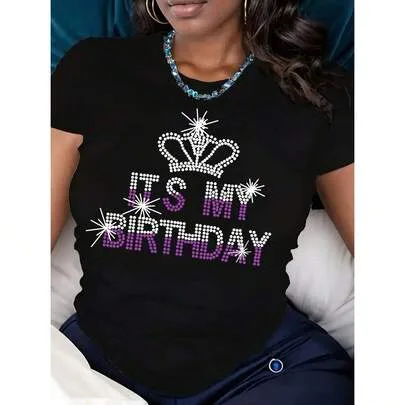 'It's My Birthday' Gradient Letter Print Casual Crew Neck Short Sleeve Top, Soft Knit, 210g by SHEIN
