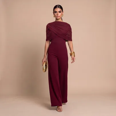High Neck Mesh Cape Overlay Wide Leg Jumpsuit with Draped Detail by QUIZ