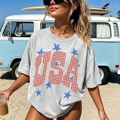 Gingham Patriotic USA 4th of July Oversized Retro 250 Years Tee by SHEIN