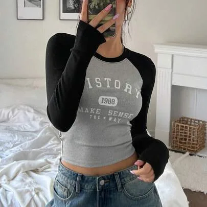 Colorblock Raglan Sleeve Letters Print Round Neck Slim Fit Long Sleeve T-Shirt by DAZY