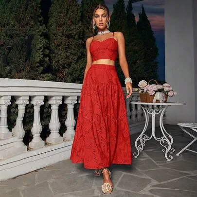Elegant Sleeveless Hollow Out Embroidery Cropped Top and Long Skirt 2-Piece Set by SHEIN