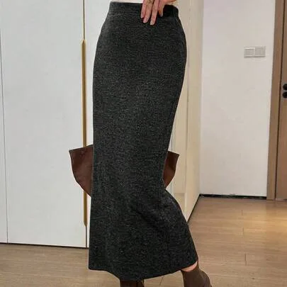 Knitted Textured Ribbed Casual Skirt by Easowa