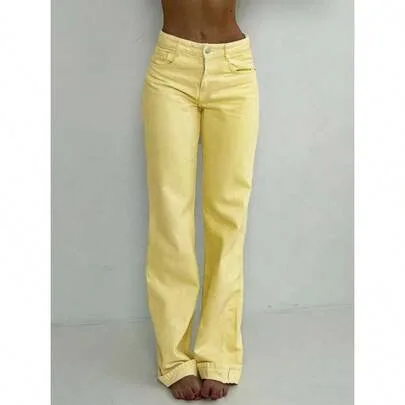 Mid-Rise Loose Wide-Leg Jeans Y2K Style Casual Loose Solid Color by SHEIN