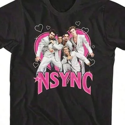 NSYNC Band Graphic T-Shirt with Pink Heart Background Member Photos 90s Retro Music Merch Tee Short Sleeve by SHEIN