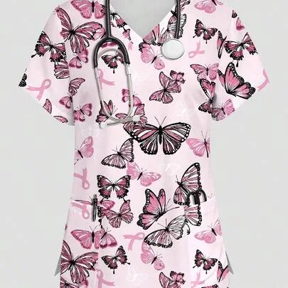 Ribbon and Butterfly Cartoon Pattern Nurse Uniform Top Spring/Summer V-Neck Short Sleeve Double Pocket Design Side Slit by PopScrub