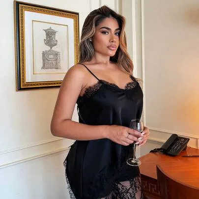 Satin Solid Color Contrast Lace Asymmetric Hem Camisole by Maria Perezxox