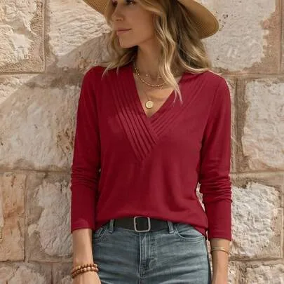 V-Neck Pleated Long Sleeve T-Shirt by EMERY ROSE