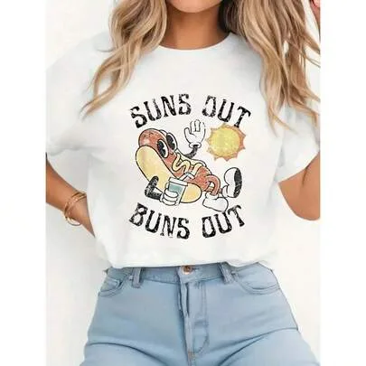 100% Cotton Retro Suns Out Buns Out Hot Dog BBQ Fourth of July Print Crew Neck Short Sleeve Tee