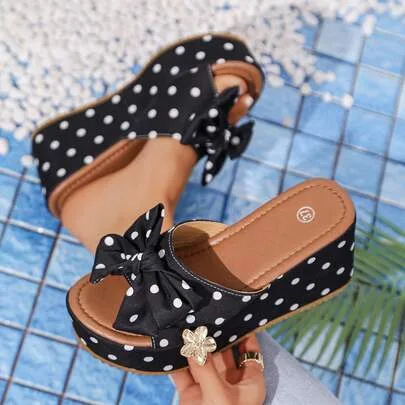 Polka Dot Bow Thick Platform Wedge Sandals Round Toe Slip-On by DAZY