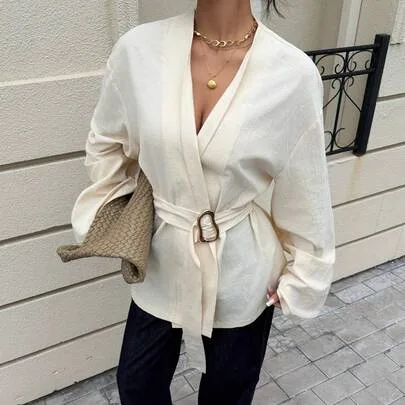 100% Cotton Cinched Waist Metal Buckle Long Sleeve Kimono Blouse Bell Sleeve Top by Siren Gaze
