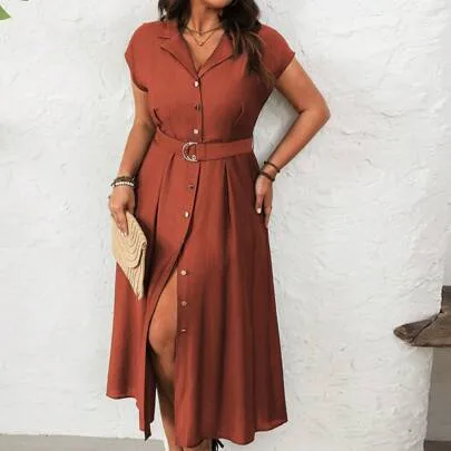 Elegant Office Vacation Maxi Dress V-Neck Waist Cinched D-Buckle Belt Metallic Button A-Line