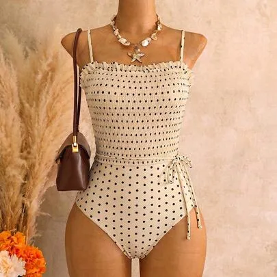 Polka Dot Random Print One-Piece Swimsuit with Adjustable Shoulder Straps