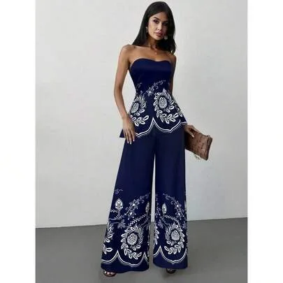 Floral Printed Crop Top & High Waist Wide Leg Pants 2-Piece Set by SHEIN