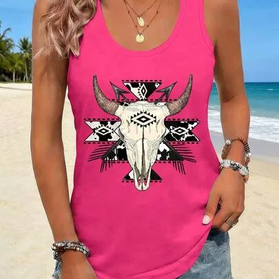 Western Cow Skull Print Sleeveless Crew Neck Tank Top by SHEIN