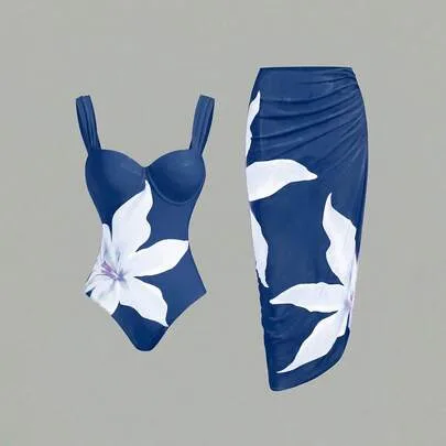 Vacation Beach Floral Print One-Piece Swimsuit with Pleated Cover-Up Skirt Set by Swim Oasis