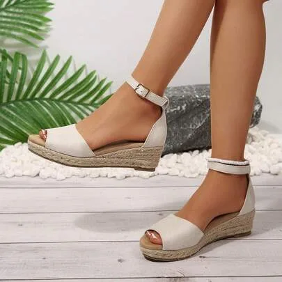 Comfortable Wedge Sandals Open Toe Ankle Strap Walking Espadrille Shoes by SHEIN
